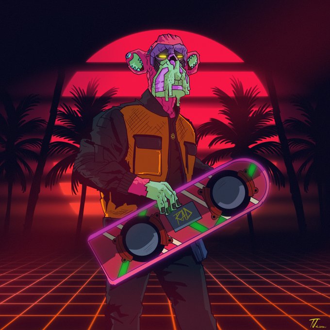 A vibrant, synthwave-style digital illustration of a character wearing a green and pink mechanical mask and an orange vest, holding a pink neon-outlined hoverboard against a red sunset and palm tree backdrop.