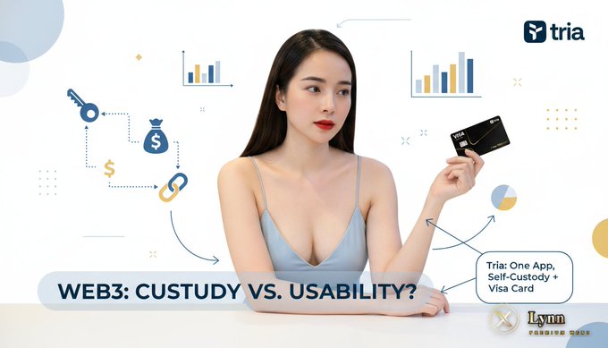 The image features an attractive woman sitting at a table holding up her credit card. The text above her reads "Web3: Custody vs Usability", which seems to be a comparison between web3's custody system and traditional banking systems. The woman is dressed in a blue dress, adding a touch of elegance to the scene.