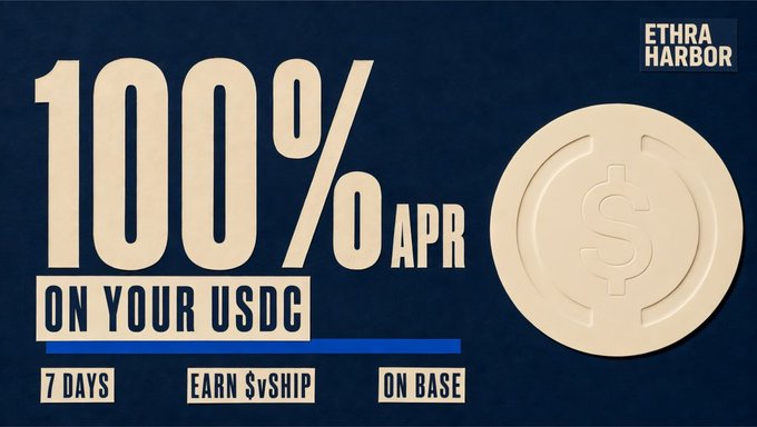 A promotional banner by Ethra Harbor advertising a "100% APR ON YOUR USDC" offer over 7 days, highlighting an "EARN $vSHIP" campaign "ON BASE," visually reinforcing the post's description of USDC being routed into a Morpho vault with yield split between USDC and $vSHIP.