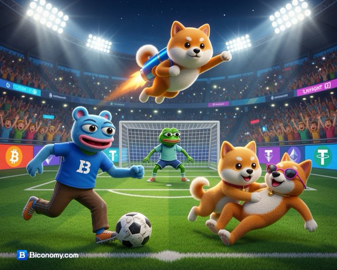 A vibrant cartoon soccer stadium features a flying rocket-propelled Shiba Inu (DOGE) soaring toward the goal, a determined blue character in a "B"-emblazoned jersey (Biconomy) about to strike the ball, a green frog goalkeeper bracing in the net, and two cheering Shiba Inus on the right, perfectly illustrating the meme coin showdown with logos for Bitcoin, Tether, and other cryptocurrencies lining the field.