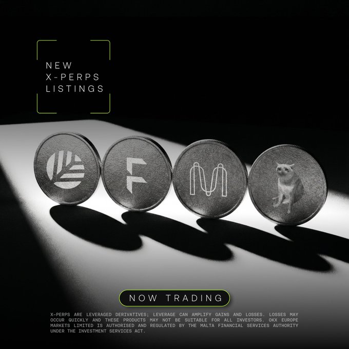 Black and white promotional image for new X-PERPS listings featuring four coins with the text 'NOW TRADING' and a disclaimer about leveraged derivatives.