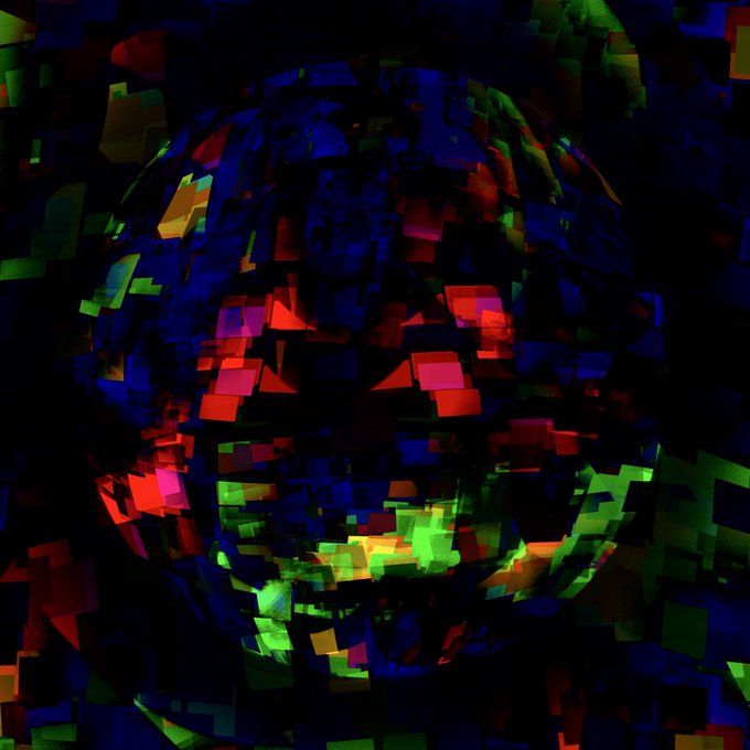 An abstract digital artwork featuring a sphere-like form composed of small, blocky pixelated segments in vibrant red, green, blue, and magenta colors against a dark background.