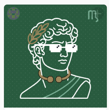 A green profile card featuring a line-art illustration of a classical bust (resembling a Greek/Roman statue) wearing pixelated sunglasses, with an "mt" logo in the corner.