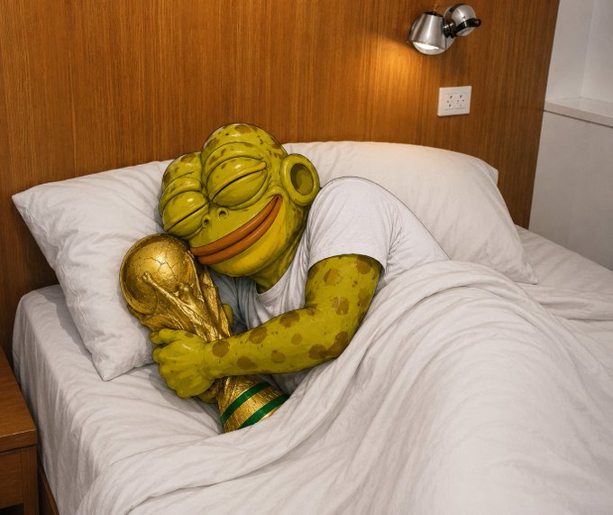 An AI-generated image of a yellow, spotted frog-like humanoid character sleeping peacefully in a bed, hugging a golden trophy while wearing a white t-shirt.