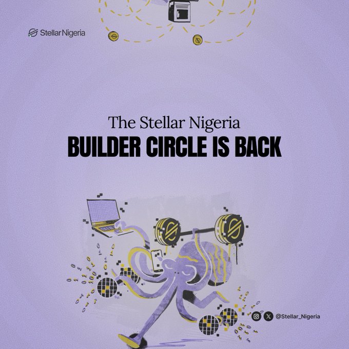 A promotional graphic for "The Stellar Nigeria Builder Circle Is Back" featuring a purple background with an illustration of a running figure carrying a laptop, with the Stellar Nigeria logo in the top-left and social handles "@Stellar_Nigeria" in the bottom-right. The playful artwork visually represents the energetic, action-oriented return of the program, which invites Nigerian builders to learn, collaborate, and build within the Stellar ecosystem.