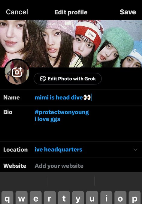 A mobile profile editing screen showing a name field with 'mimi is head dive' and hashtags '#protectwonyoung' and 'i love ggs' in the bio, along with the location 'ive headquarters'.