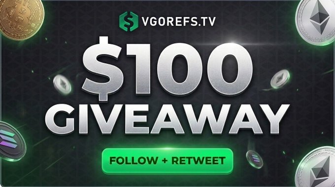 The image is a promotional graphic for VGOREFS.TV advertising a $100 giveaway, featuring Bitcoin and Ethereum coin imagery with the text "$100 GIVEAWAY" and a green "FOLLOW + RETWEET" button. It aligns with the post announcing a $100 #SOL crypto giveaway requiring followers to follow @vgosquadkick and @WinifyGG and retweet, with the winner selected in 9 days.