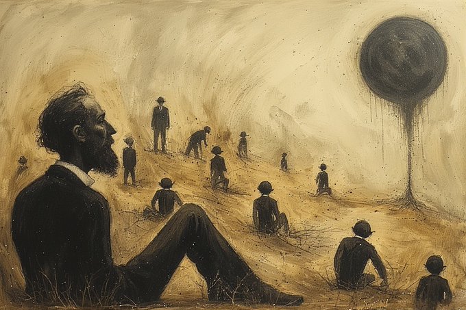 Surreal monochromatic ink-style illustration showing a bearded man in suit seated in profile observing small figures scattered across a barren landscape with a large black orb/sphere on the right side.