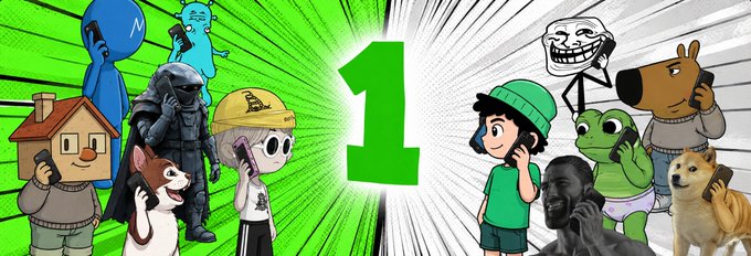 A colorful banner split between green and white backgrounds features a large green "1" in the center, flanked by cartoon characters—including a boy, frog, troll face, Shiba Inu, dog, cat, astronaut, and alien—all holding phones to their ears, visually representing the $FONECALL callout meta on Pumpfun.