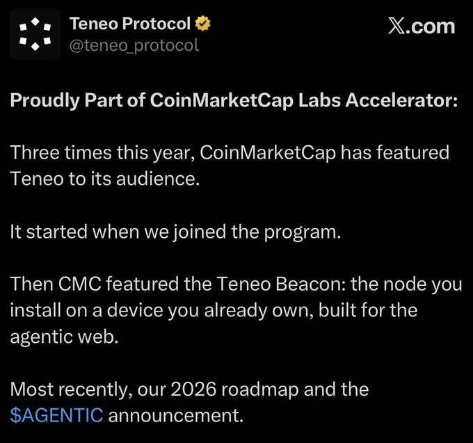 This image visually represents the Teneo Protocol's progress and features, including their involvement in the CoinMarketCap Labs Accelerator and the upcoming $AGENTIC announcement.