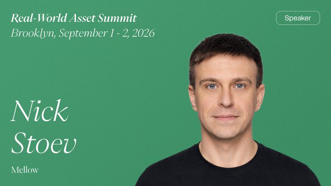 Promotional graphic for 'Real-World Asset Summit' in Brooklyn, September 1-2, 2026, featuring speaker Nick Stoev from Mellow.