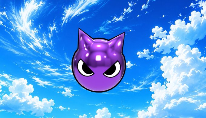A purple, glossy cartoon cat-head NFT emoji floats against a bright anime-style blue sky with wispy clouds, visually representing the "GM" vibe of the crypto community as the poster playfully asks @betty_nft when their upcoming drops ("sposts") are coming.