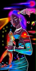 A vibrant, neon-colored digital illustration of a person with glasses and purple hair holding a colorful bird, rendered in an abstract pop-art style.