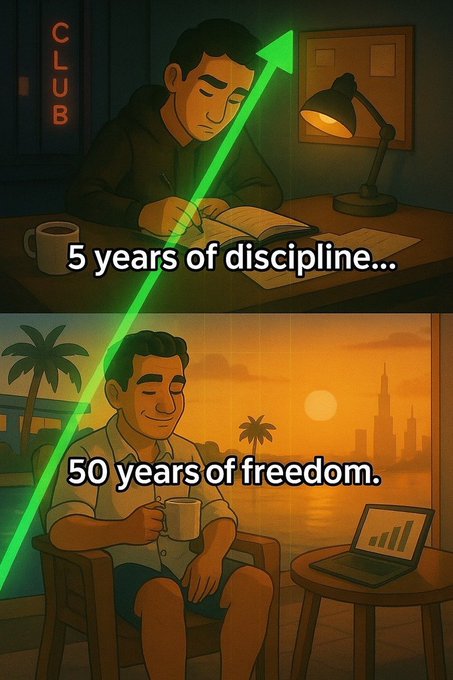A two-panel motivational image contrasts a man studying at a desk labeled '5 years of discipline...' with the same man relaxing on a balcony with a laptop labeled '50 years of freedom.', with an 'ACCA' sign visible in the background.