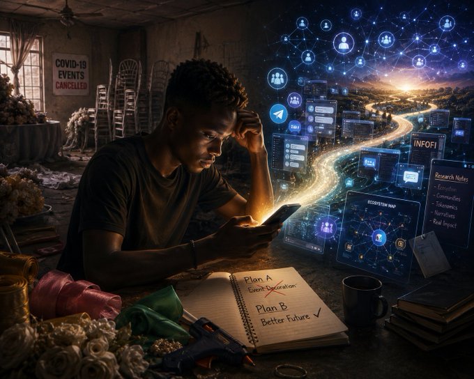 The image features a young man sitting at a desk with a notebook open in front of him. He's looking down at his cell phone, which has an app that says "plan better future" written on it. The background shows a room filled with various objects such as books and chairs, giving the impression of a cluttered workspace or study area.