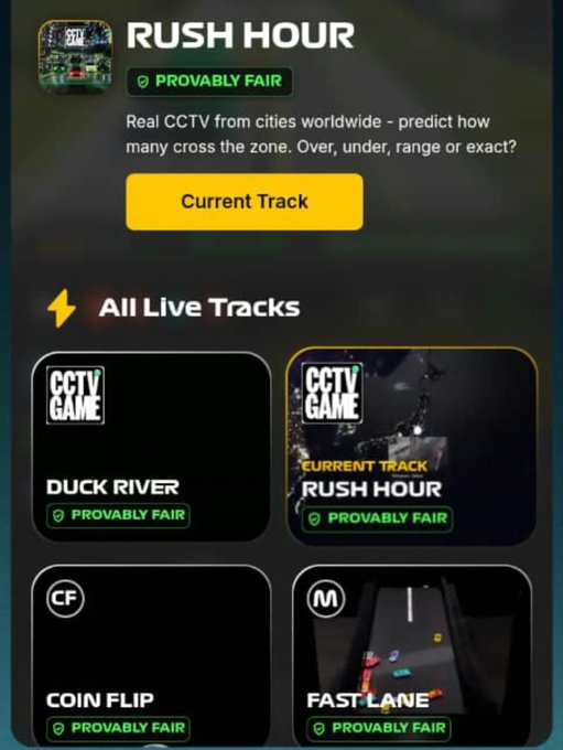 A mobile app interface for 'RUSH HOUR' showing 'CCTV GAME' tracks like Duck River, Rush Hour, Coin Flip, and Fast Lane, all marked 'PROVABLY FAIR'.