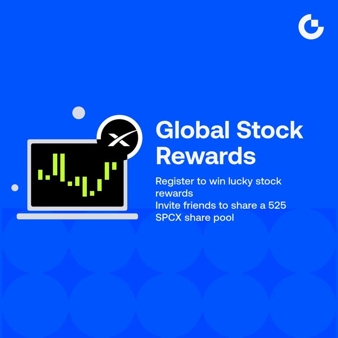 A blue promotional advertisement for 'Global Stock Rewards' featuring a laptop displaying stock charts, encouraging users to 'Register to win lucky stock rewards' and 'Invite friends to share a 525 SPCX share pool.'