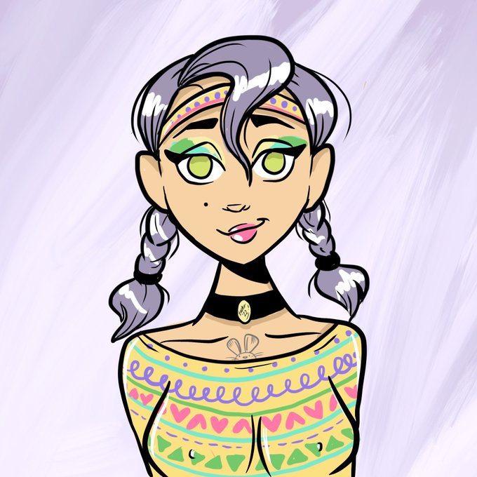 A cartoon illustration of a woman with purple hair in two braids, green eyeshadow, a beauty mark, a black choker, and a colorful patterned top, set against a purple background.
