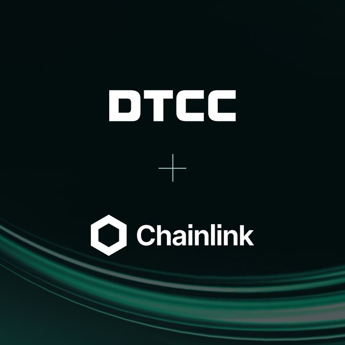 A dark promotional graphic features the white "DTCC" logo above a plus sign and the "Chainlink" wordmark with its hexagonal icon, set against a black background with flowing green light waves. The visual celebrates a partnership between The Depository Trust & Clearing Corporation (DTCC) and Chainlink, reinforcing the post's announcement of a collaboration shaping the new financial system.