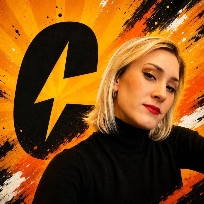 A woman with blonde hair wearing a black turtleneck, posing in front of an orange and yellow background featuring a prominent black 'C' logo.