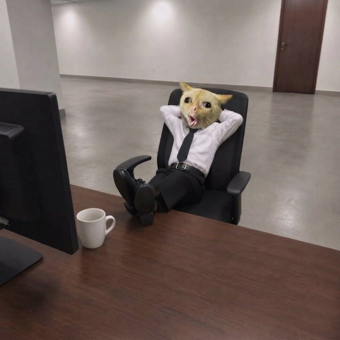 A cat wearing a business shirt, tie, and pants sits with feet propped up on a desk, mouth wide open in a yawn or shout, while a coffee mug and computer monitor sit in front of them. The image humorously illustrates the post's joke about financial freedom — the cat appears so relaxed and overjoyed (or dramatically exhausted) in their office chair, embodying the early retirement lifestyle of someone who made it big from a single crypto investment.