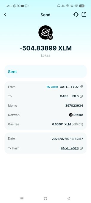 A mobile screenshot of a cryptocurrency wallet showing a sent transaction of -504.83899 XLM (Stellar) worth $97.88 to a wallet labeled GABF...JNL6 on the Stellar network.