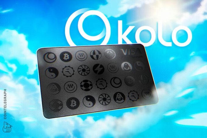 The image shows a black rectangular VISA card with various designs and logos printed on it. The card has been designed by @KoloHub to promote crypto usage, emphasizing its accessibility for everyone, regardless of wealth or location. The design includes symbols such as " Bitcoin" and "Visa". The text in the image indicates that this card can be used at any Visa outlet worldwide, making it a convenient means of payment with access to global markets.