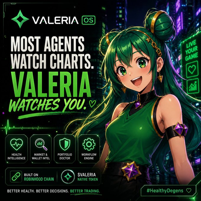 A promotional graphic for 'VALERIA OS' featuring an anime-style green-haired character, highlighting features like Health Intelligence and Market & Wallet Intel on Robinhood Chain.