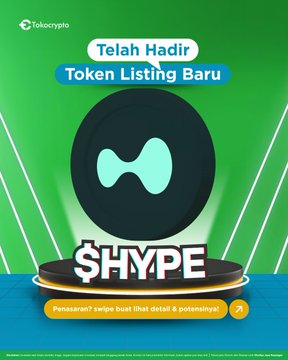 Promotional advertisement for Tokencrypto announcing a new token listing called "$HYPE" with Indonesian text "Telah Hadir" (Now Available).