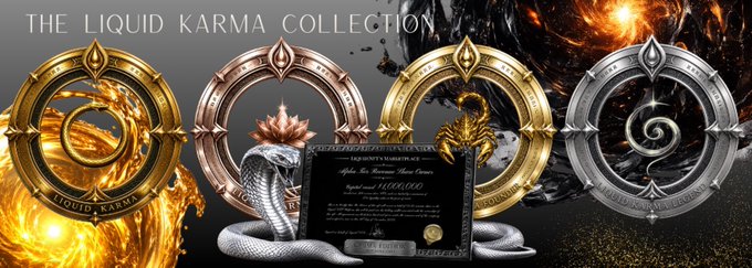 The image features a poster for "The liquid karma collection" that includes four different designs, each representing a different element of the Hindu deity Lord Shiva. The poster also has a gold background with black text, which reads "The Liquid Karma Collection on @LiquidNftMarket sounds very tempting - the mint goes live at 18:30 UTC tomorrow! It's all about giving back to the community - with one revenue share winner!".