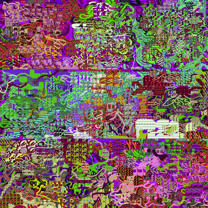 A chaotic, colorful abstract digital artwork with dense layers of vibrant green, purple, pink, and red patterns resembling psychedelic textures and shapes.