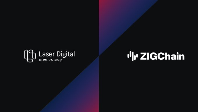 A dark graphic divided diagonally showing the 'Laser Digital (NOMURA Group)' logo on the left and the 'ZIGChain' logo on the right.