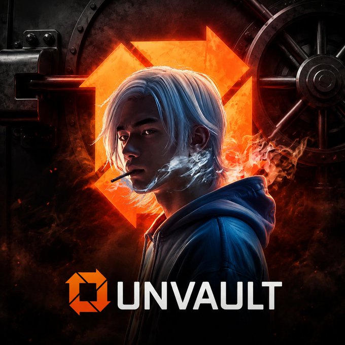 Digital artwork titled 'UNVAULT' depicting a silver-haired young person smoking, with smoke curling around their face against a fiery orange geometric background.