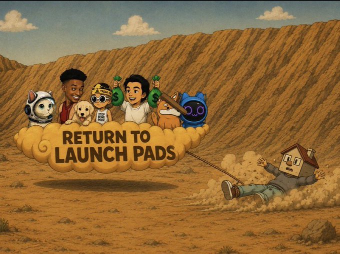 A cartoon illustration with 'RETURN TO LAUNCH PADS' text on a cloud, showing cartoon characters with money bags being pulled by a cartoon house figure in a desert landscape.