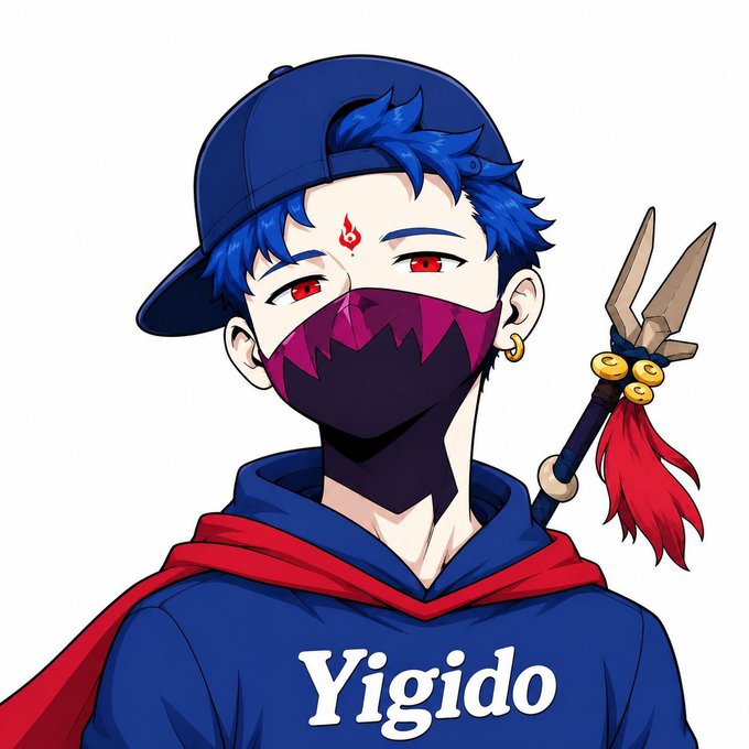 A custom anime-style avatar featuring a blue-haired character with red eyes, a backwards cap, face mask, and a spear, with the name "Yigido" displayed at the bottom—showcasing the personalized artwork created by the ArcionsNFT team for the poster.