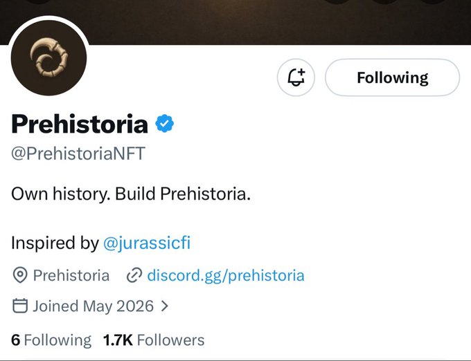 The image shows a twitter profile page for @PrehistoriaNFT, which is an Instagram account dedicated to showcasing prehistoric artifacts. The profile features a white background with black text that outlines the following information: "Prehistory", "@Pre Historia NFT", and "OWN HISTORY". It also includes a quote from @JurassicFinance that states "Prehistory is being opened up to everyone on Ethereum, and we're taking a similar approach on Instagram". The post is about a prehistoric artifact posted by @PreHistoriaNFT.