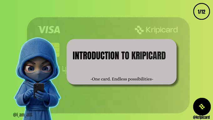A presentation slide titled 'INTRODUCTION TO KRIPICARD' with the tagline 'One card. Endless possibilities,' featuring a 3D-rendered ninja character holding a phone and branding for VISA and Kripicard.