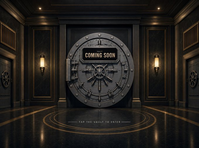 A large ornate bank vault door sits in a luxurious dark marble room, displaying a 'VAULT COMING SOON' sign, with text below reading 'TAP THE VAULT TO ENTER.'