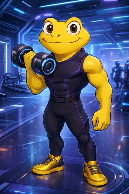 A digital illustration of a muscular, anthropomorphic yellow frog wearing a black and purple athletic outfit and lifting a black dumbbell in a futuristic, neon-lit gym.