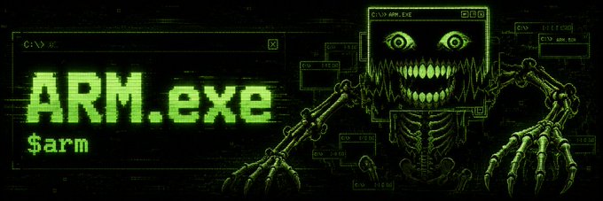 A menacing green skeletal figure with a jagged, toothy grin appears inside a computer window labeled "ARM.exe," accompanied by the "$arm" ticker in bold pixelated text. The image serves as the new banner for the $arm token's updated Moby profile, reflecting a dark, hacker-themed aesthetic that matches the project’s digital identity.