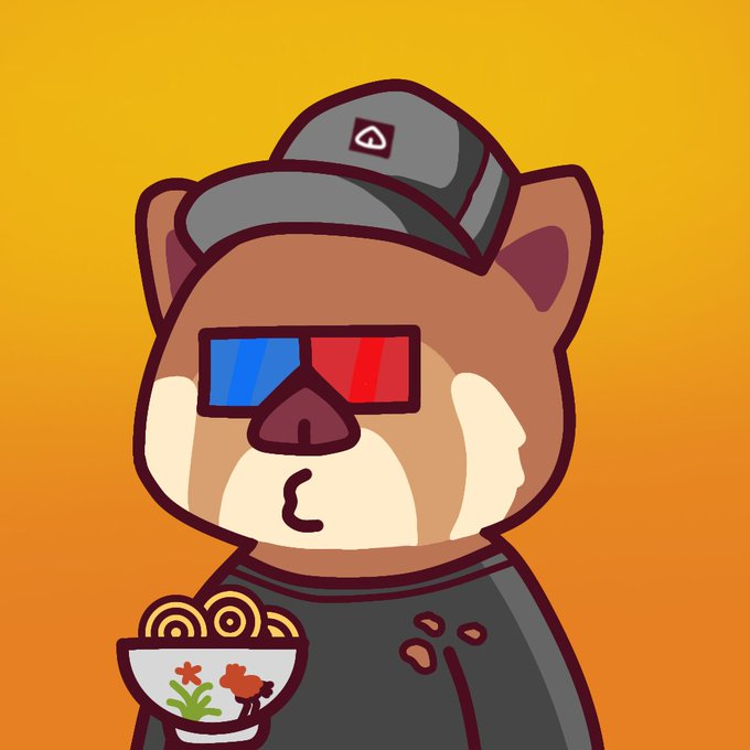 A cartoon illustration of a bear-like character wearing a cap and red-blue 3D glasses, holding a bowl of noodles against an orange background.