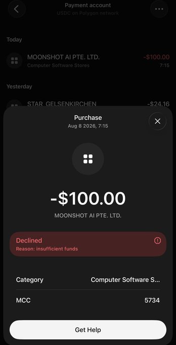 A mobile banking screenshot shows a declined $100.00 purchase attempt from "MOONSHOT AI PTE. LTD." (Computer Software Stores, MCC 5734) on Aug 8, 2026, flagged with a red "Declined - Reason: insufficient funds" notice, illustrating the post's point about a suspicious recurring charge that was prevented by keeping only minimal funds on the Tangem Pay account.