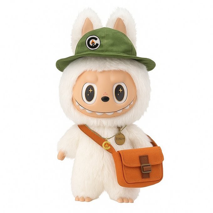 A plush designer toy figure with white fur, a green bucket hat featuring a logo, large toothy grin, star-shaped eyes, and an orange crossbody bag labeled 'ZEWALY'.