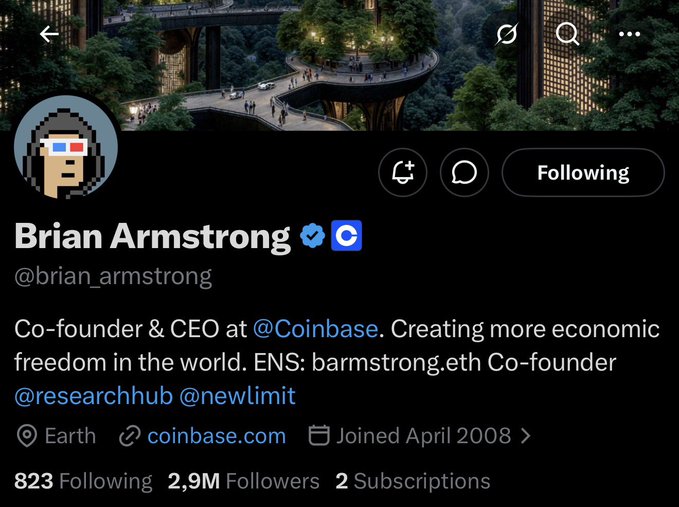 A Twitter profile page for Brian Armstrong (@brian_armstrong), Co-founder & CEO of Coinbase, showing 2.9M followers and an ENS handle of barmstrong.eth.