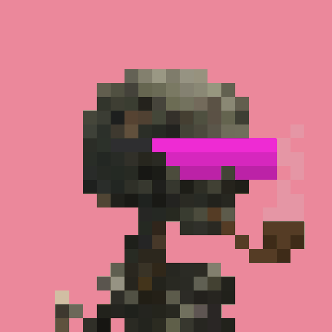 A pixelated digital illustration of a soldier wearing camouflage and a bright pink visor against a pink background.