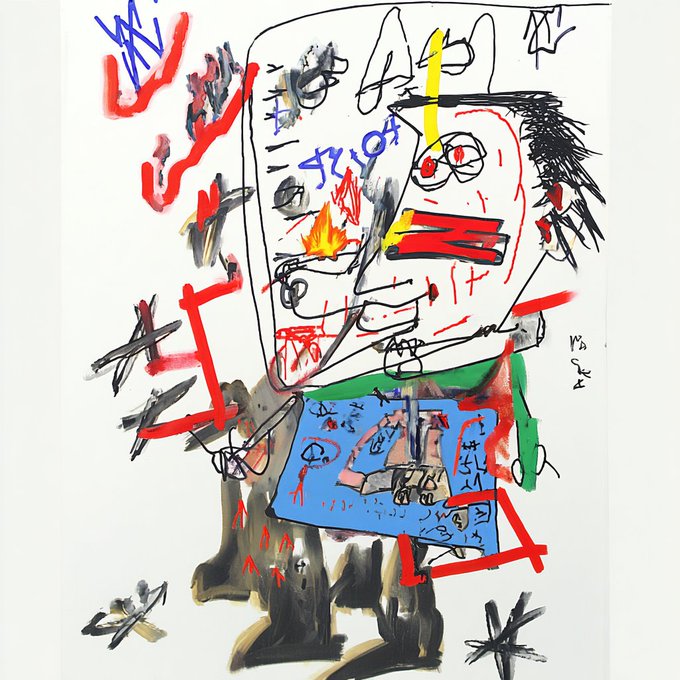 The image features a drawing of a person with a face, which appears to be a cartoon or abstract style. The drawing includes red lines and various colors that make up the artwork. The caption provided after the image reads "thought I didn't mean to draw #57 Owned by @aldover_eth". This suggests that someone has created this piece of art, possibly as part of an online art project or a personal creative endeavor.