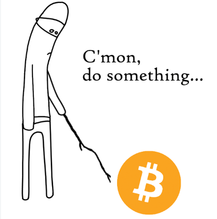 The caption: A "Doomer" meme figure (from the "Doomer Wojak" style) stands with his head down, holding a leash attached to an orange Bitcoin (₿) coin, with the caption "C'mon, do something..." — humorously expressing frustration at Bitcoin's stagnant price around the $81K level.