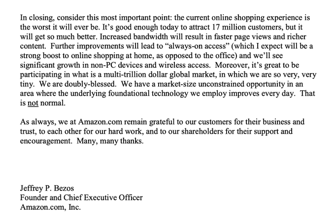 The closing paragraph of a letter from Jeffrey P. Bezos, Founder and Chief Executive Officer of Amazon.com, Inc., discussing the future of online shopping.