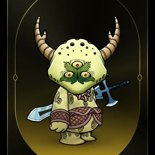 Digital illustration of a cute horned fantasy creature character wearing armor and carrying two swords, with a decorative green mask pattern on its face.