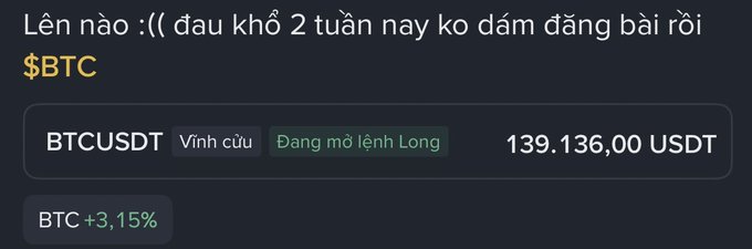 A trading interface screenshot in Vietnamese shows BTC at $139,136.00 USDT with a 3.15% increase, indicating an open Long order, alongside the user's message about struggling for two weeks.